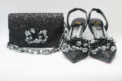 Melina Pencil Mouth Sandal & Purse Set – Black Crystal Edition 